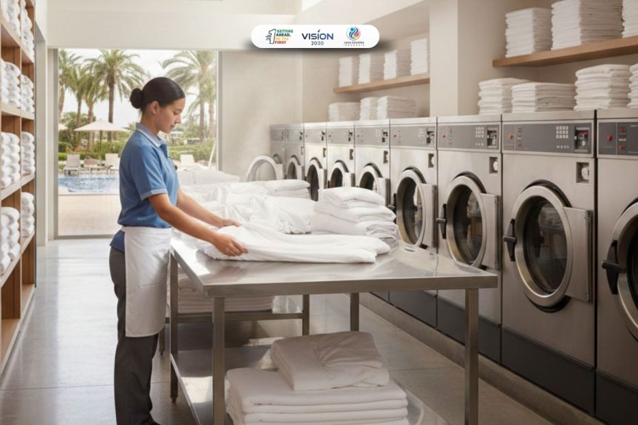 Petugas Laundry Attendant sedang melipat linen di area laundry hotel