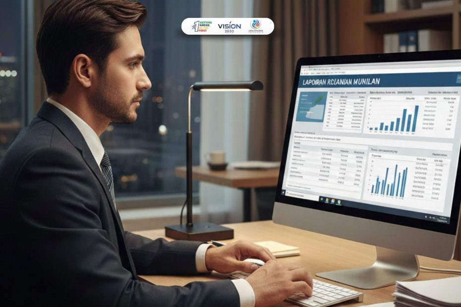 Admin Keuangan Perhotelan sedang melakukan pencatatan laporan keuangan hotel secara digital untuk mendukung efisiensi operasional