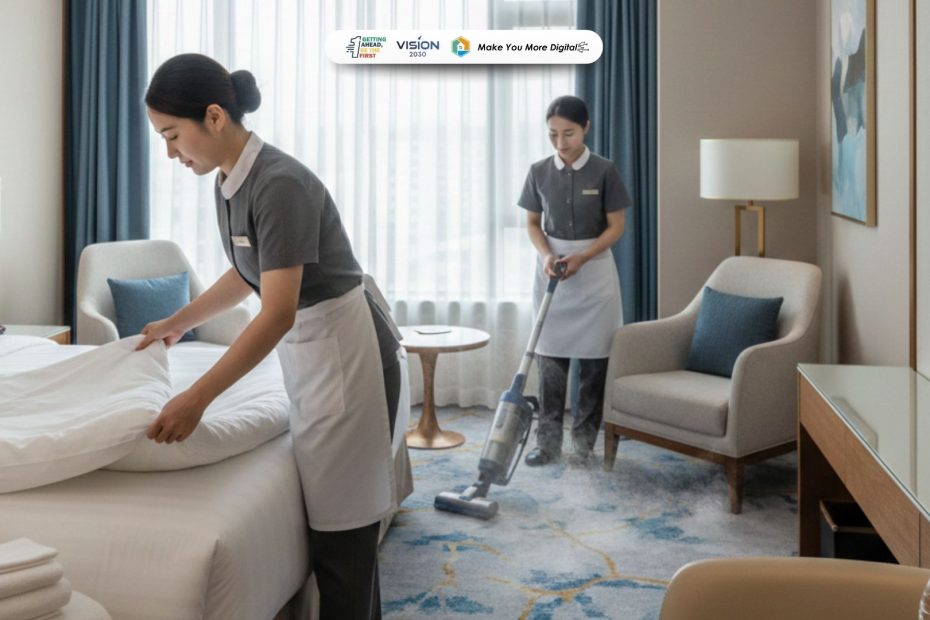 Room Attendant sedang menata kamar hotel agar terlihat estetik dan Instagrammable