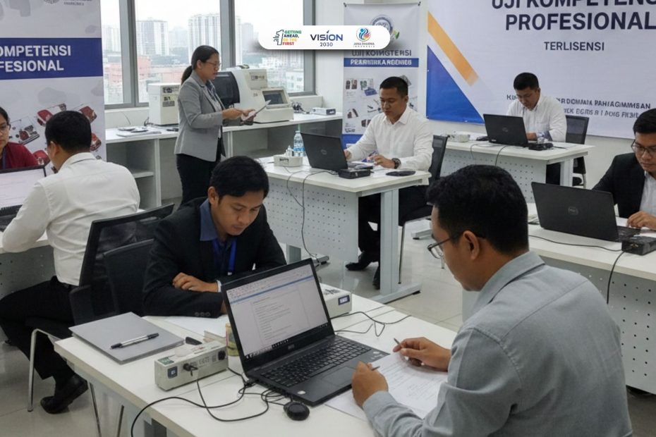 Proses uji kompetensi di LSP Lembaga Sertifikasi Profesi berlisensi BNSP untuk tenaga kerja profesional
