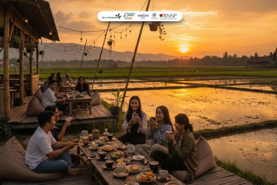 suasana tempat ngopi jogja dengan view sawah dan sunset yang instagramable