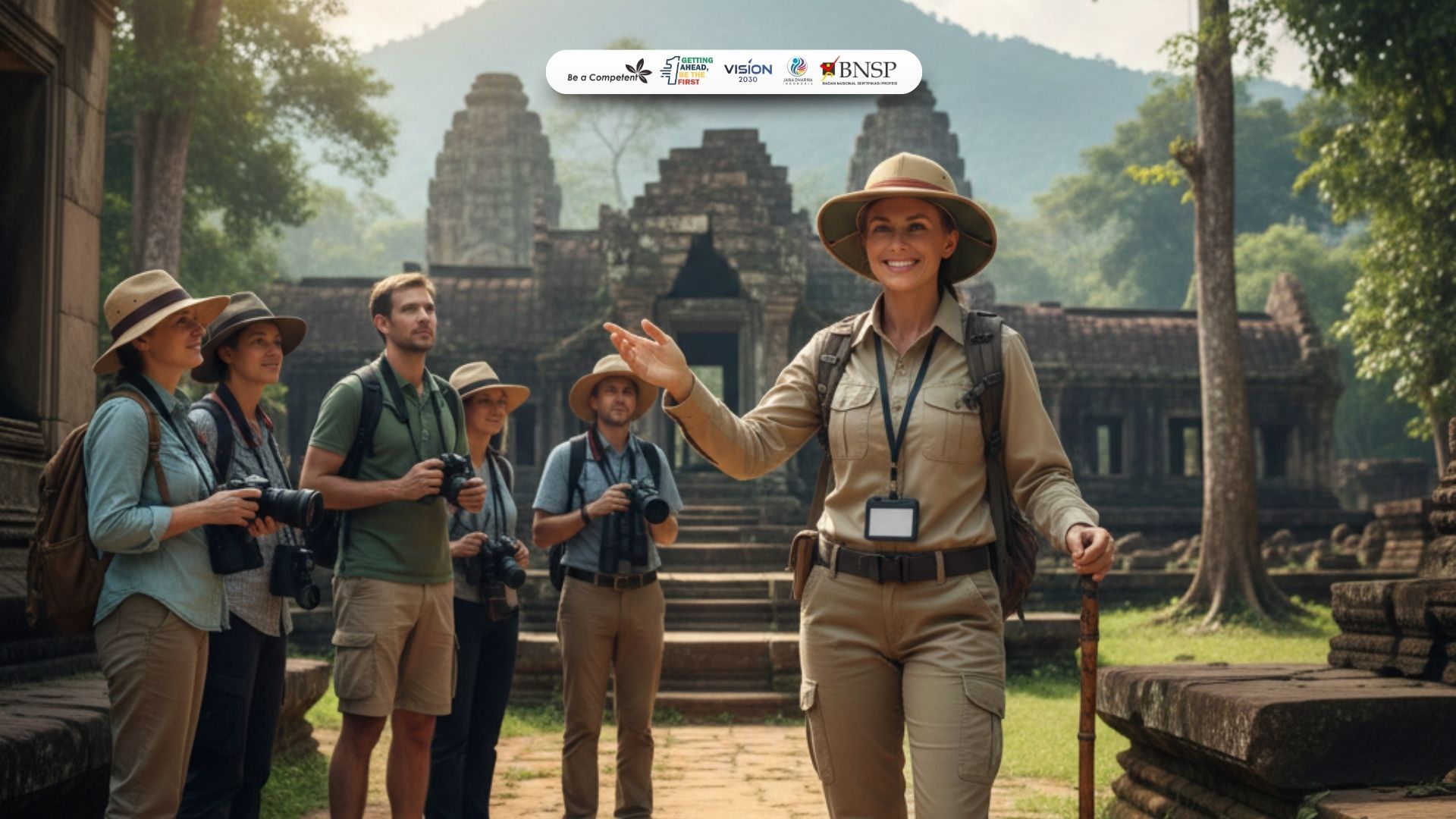 Pemandu wisata profesional menunjukkan kartu sertifikasi kompetensi BNSP saat memandu wisatawan.