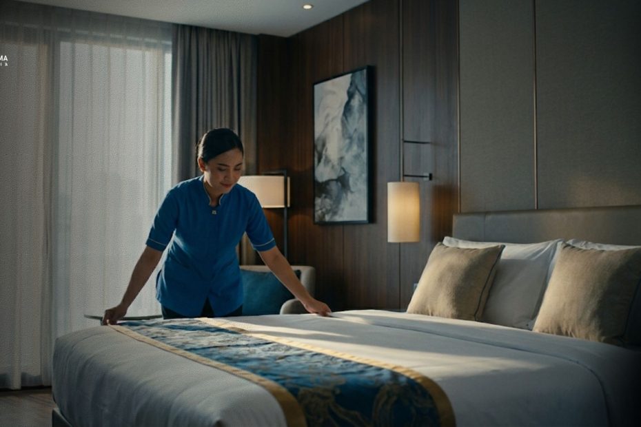 Peserta sertifikasi profesi Room Attendant resmi BNSP sedang praktik housekeeping hotel bersama asesor profesional