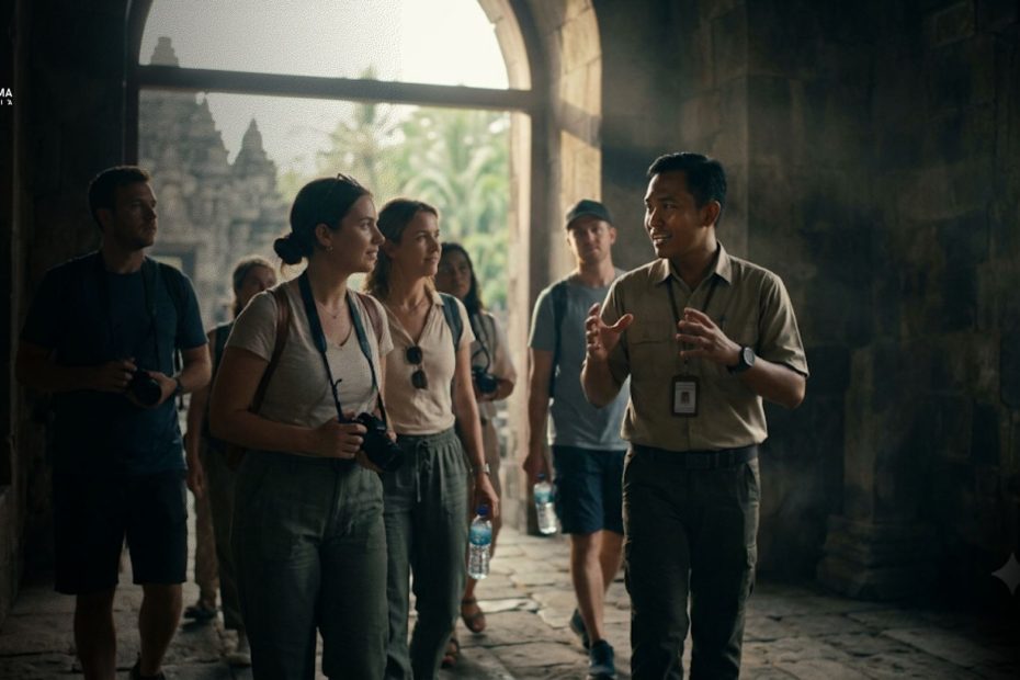 Pemandu wisata profesional sedang memandu wisatawan