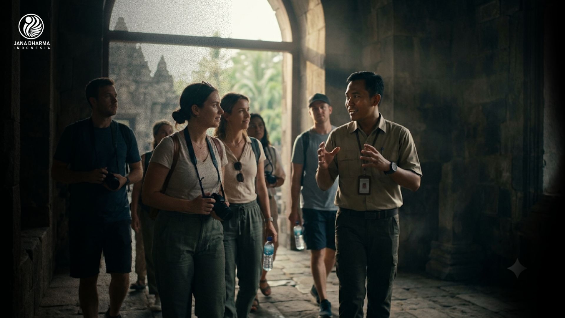 Pemandu wisata profesional sedang memandu wisatawan