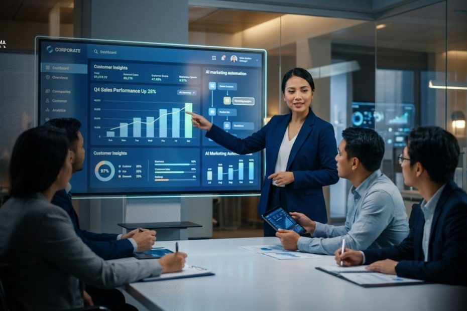 Sales & Marketing Manager sedang menganalisis strategi pemasaran digital dan data penjualan untuk meningkatkan performa bisnis tahun 2026