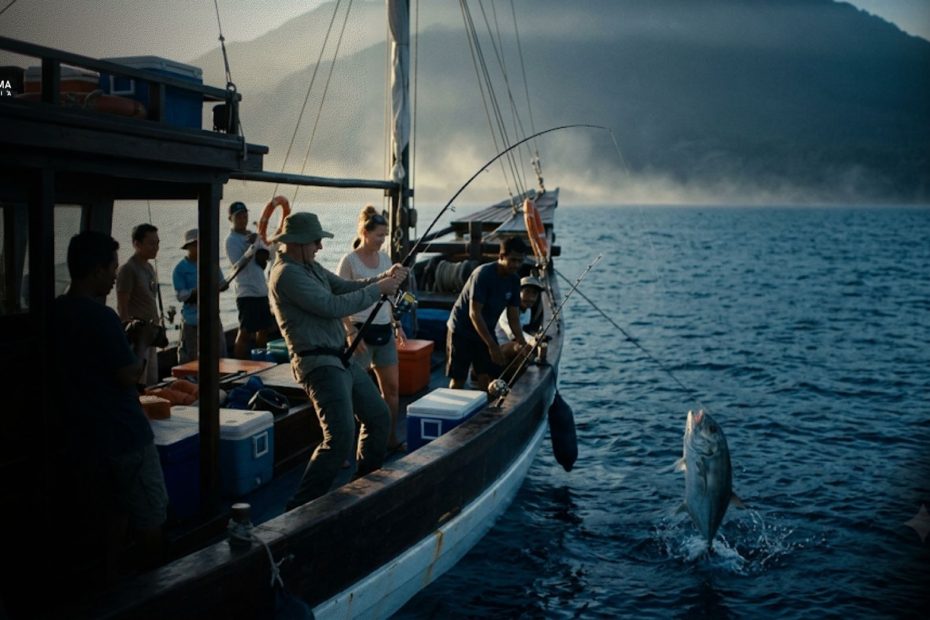 Wisata memancing di laut lepas Indonesia dengan kapal di tengah laut biru dan wisatawan sedang memancing ikan besar