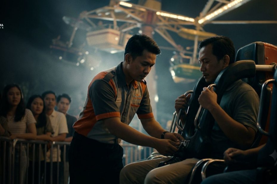 Operator wahana sedang memeriksa keamanan dan mengoperasikan wahana permainan untuk memastikan keselamatan pengunjung.