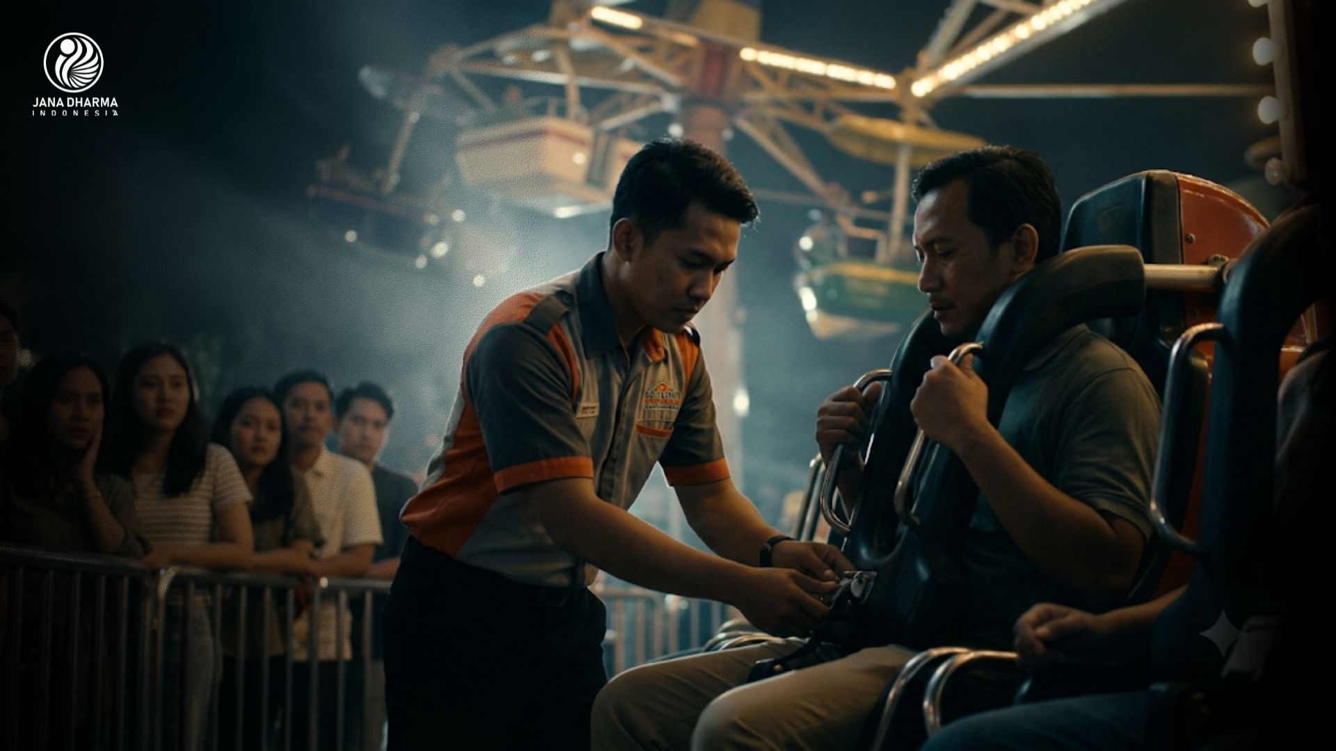 Operator wahana sedang memeriksa keamanan dan mengoperasikan wahana permainan untuk memastikan keselamatan pengunjung.