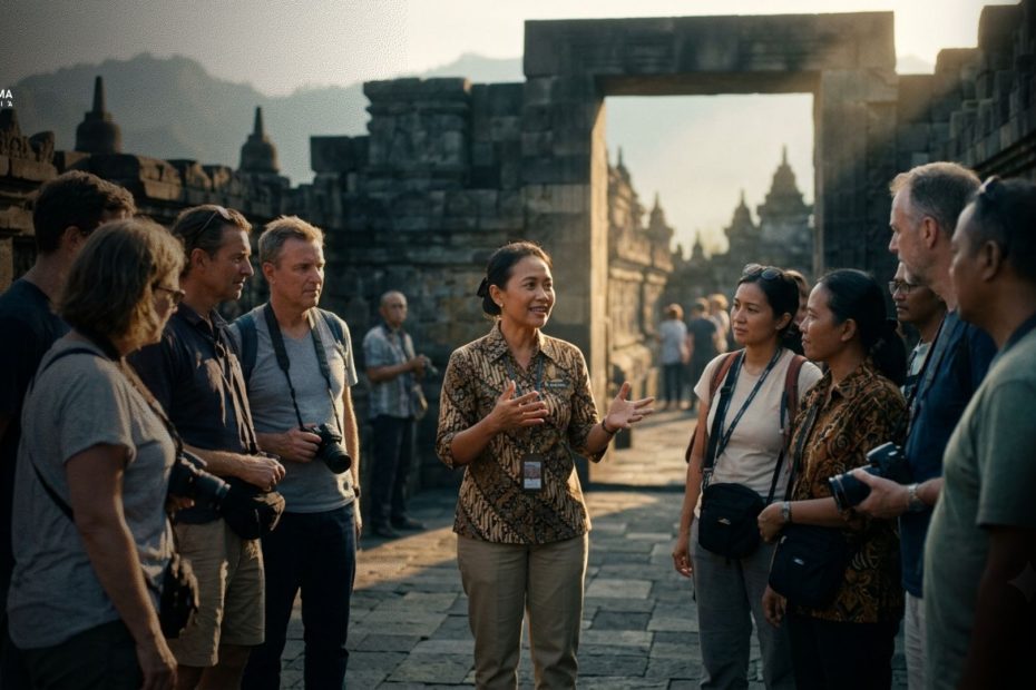 Pemandu wisata profesional sedang menjelaskan destinasi kepada rombongan wisatawan dengan percaya diri.