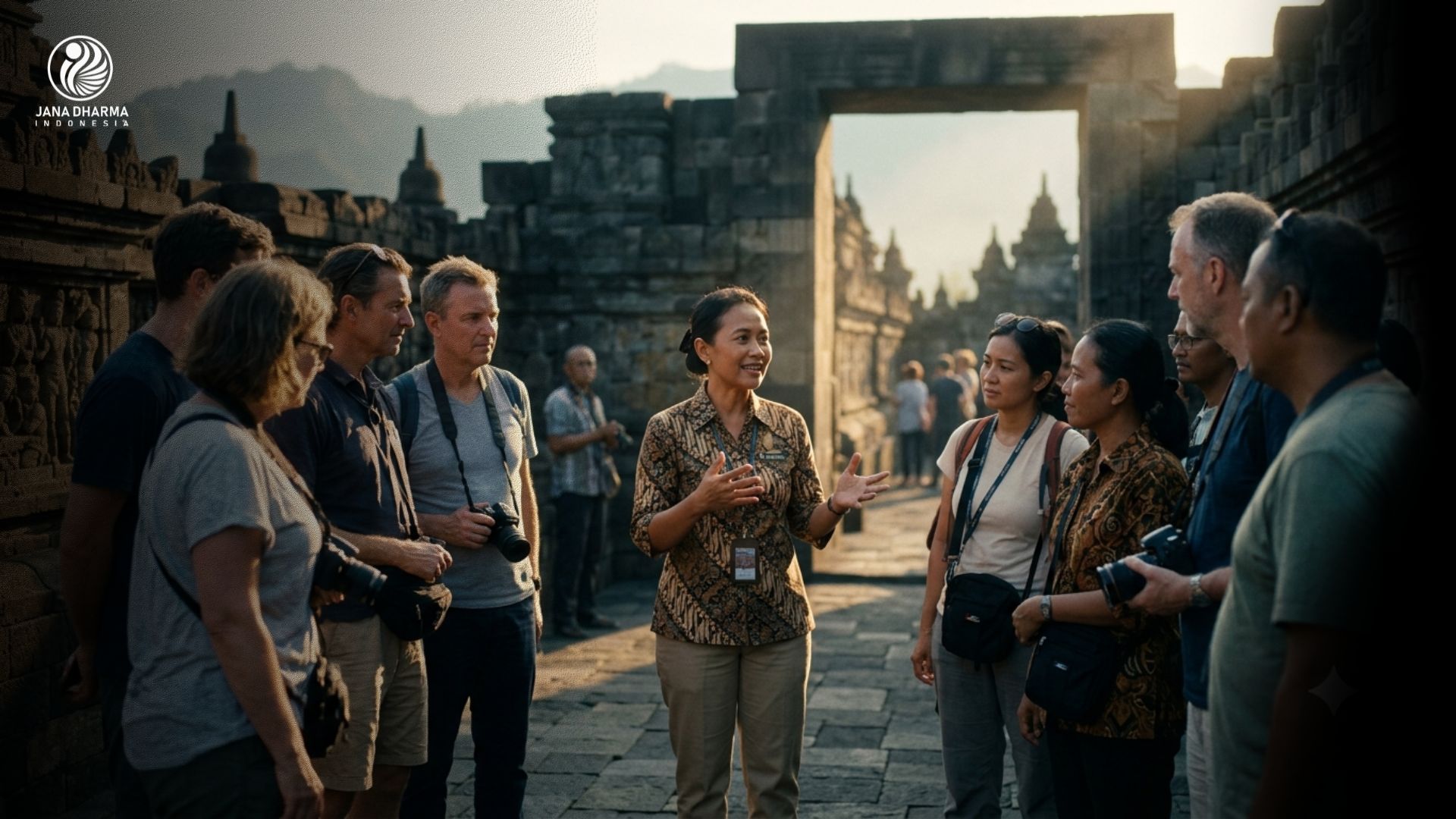 Pemandu wisata profesional sedang menjelaskan destinasi kepada rombongan wisatawan dengan percaya diri.