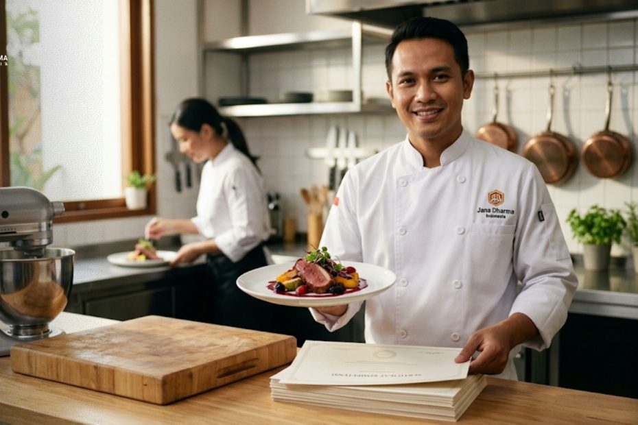 Koki profesional sedang menyiapkan hidangan di dapur restoran modern untuk uji kompetensi sertifikasi BNSP jasa boga