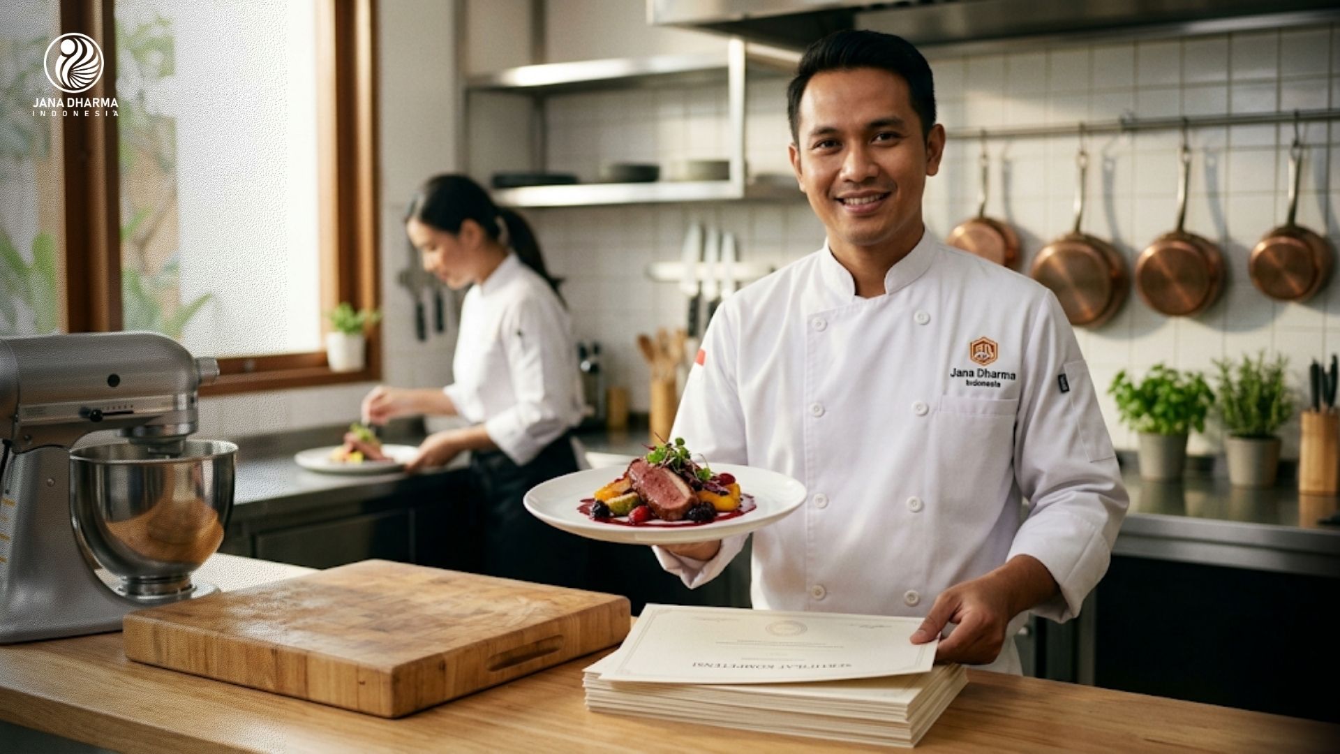 Koki profesional sedang menyiapkan hidangan di dapur restoran modern untuk uji kompetensi sertifikasi BNSP jasa boga
