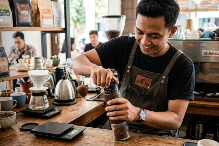 Seorang barista sedang memutar knob grinder manual untuk mempraktikkan cara mengatur grind size kopi yang tepat.