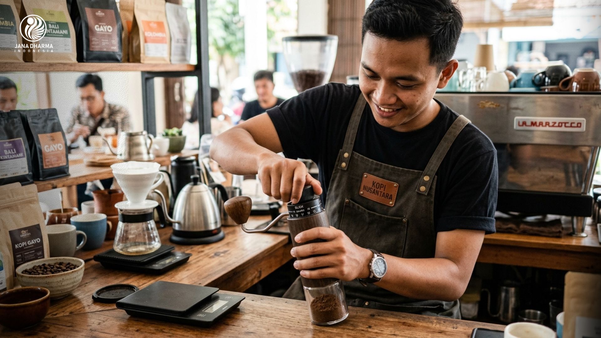 Seorang barista sedang memutar knob grinder manual untuk mempraktikkan cara mengatur grind size kopi yang tepat.