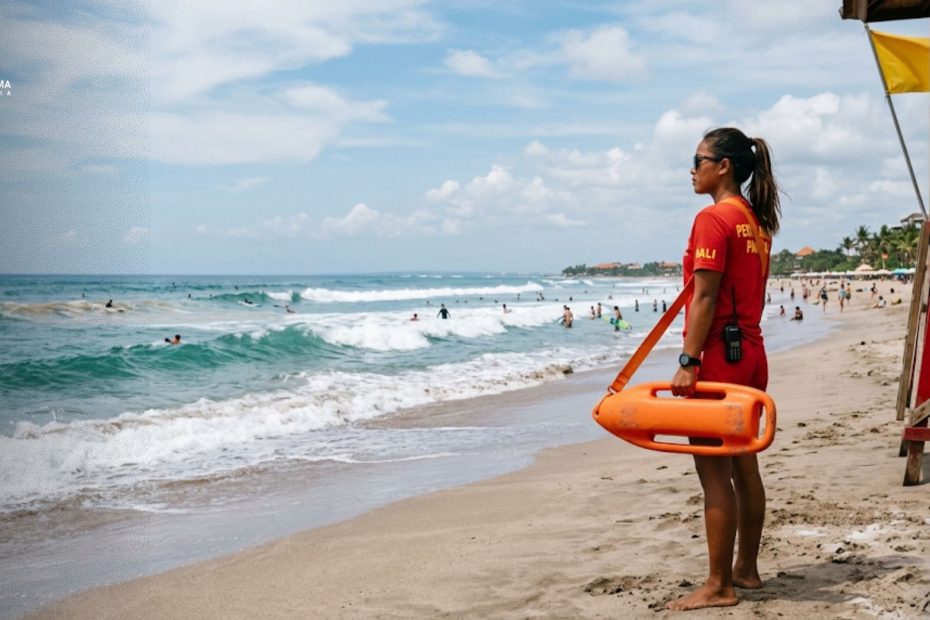 Seorang beach lifeguard memegang rescue tube sedang memantau area pantai dan arus laut.