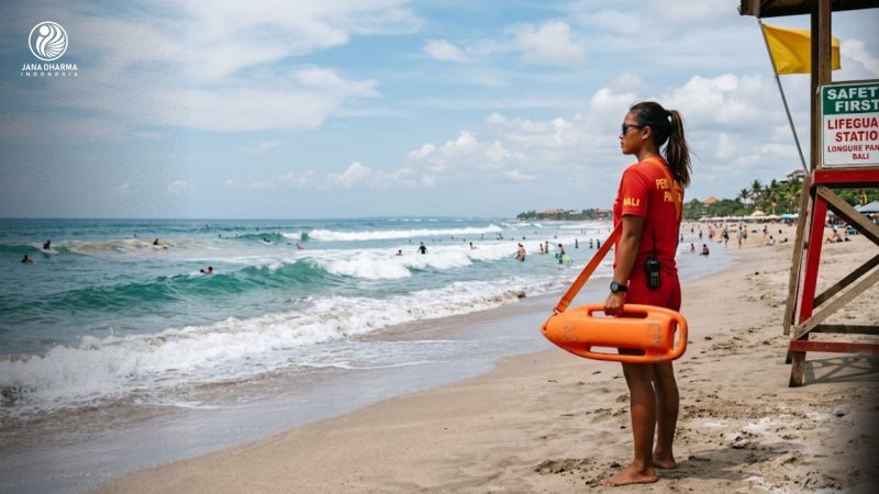 Seorang beach lifeguard memegang rescue tube sedang memantau area pantai dan arus laut.