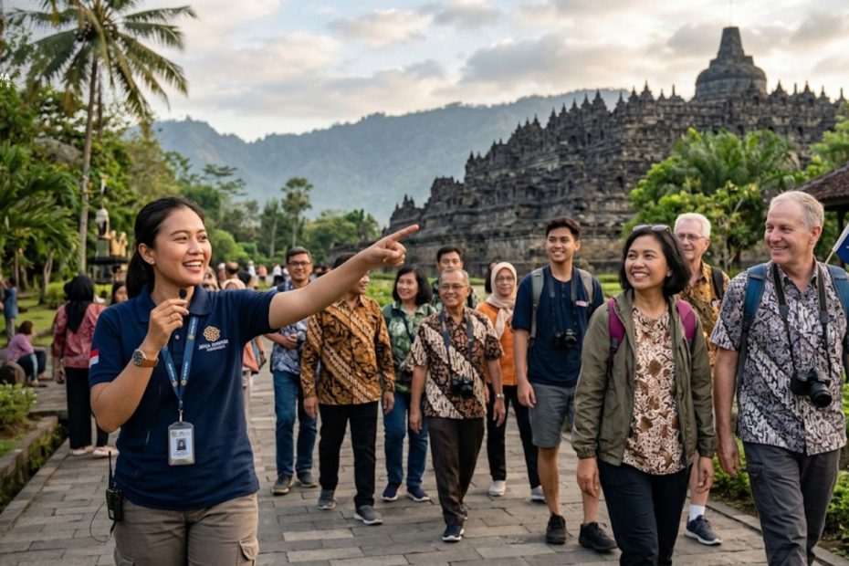 Seorang tour manager profesional dari Jana Dharma Indonesia sedang memandu rombongan wisatawan saat perjalanan wisata.