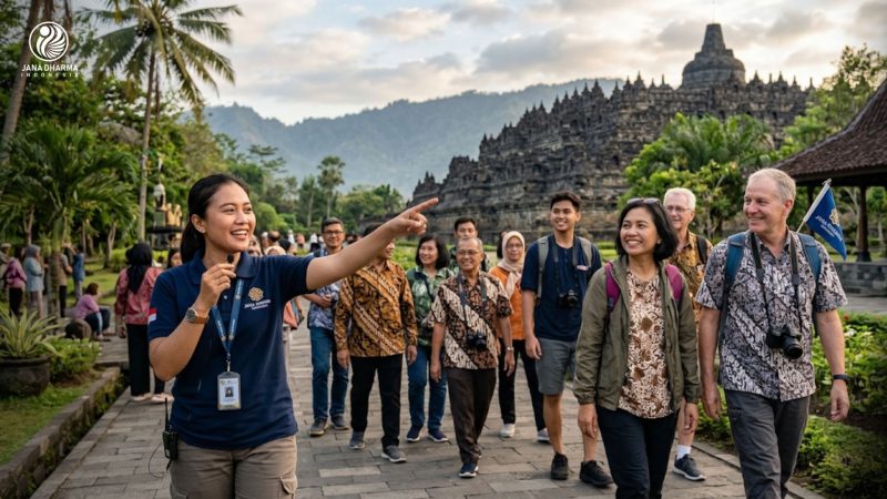 Seorang tour manager profesional dari Jana Dharma Indonesia sedang memandu rombongan wisatawan saat perjalanan wisata.