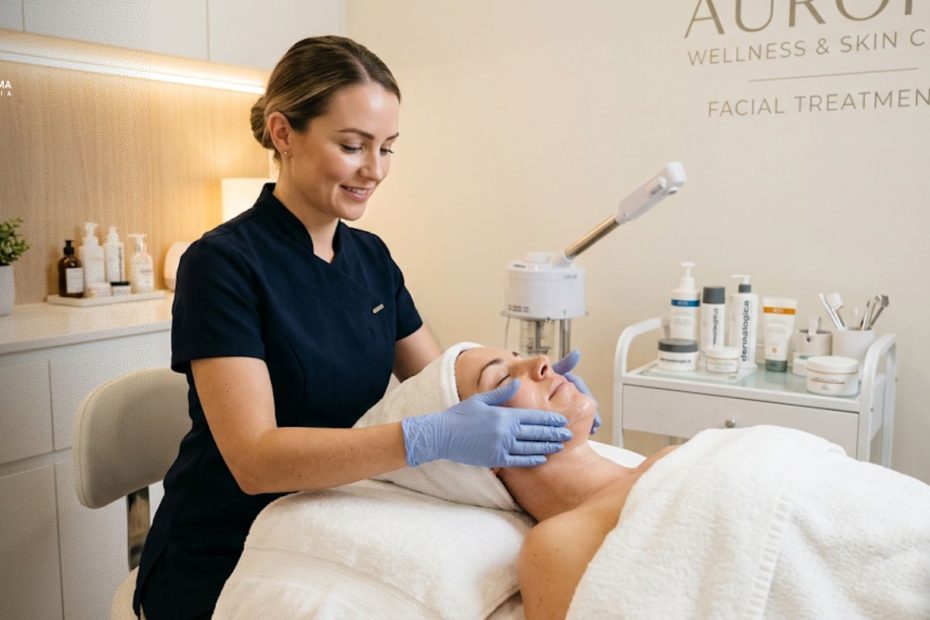 Seorang terapis profesional sedang melakukan urutan facial wajah profesional pada klien di klinik kecantikan yang bersih.