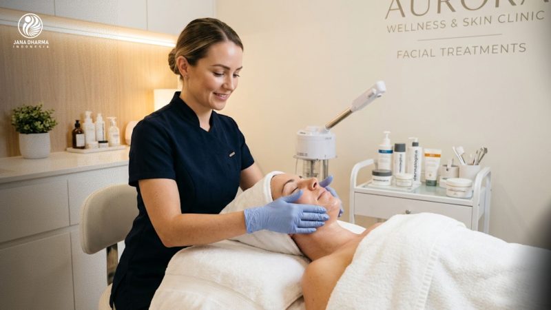 Seorang terapis profesional sedang melakukan urutan facial wajah profesional pada klien di klinik kecantikan yang bersih.