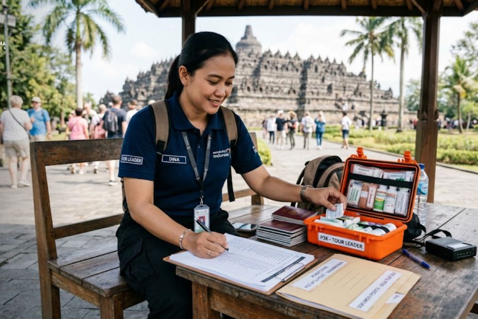 Seorang tour leader domestik sedang memeriksa kelengkapan barang dokumen dan kit p3k di area wisata
