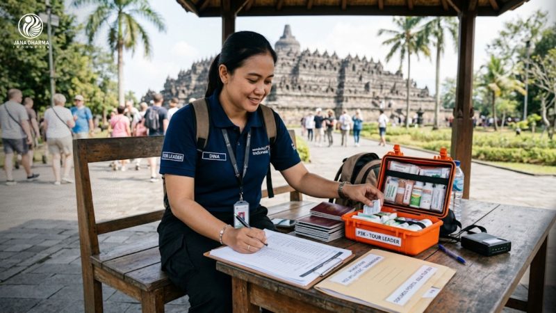 Seorang tour leader domestik sedang memeriksa kelengkapan barang dokumen dan kit p3k di area wisata