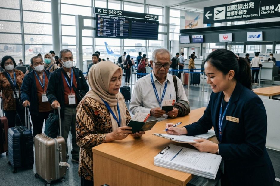 Seorang tour leader profesional sedang membantu peserta tour menangani paspor dan dokumen perjalanan di bandara luar negeri.