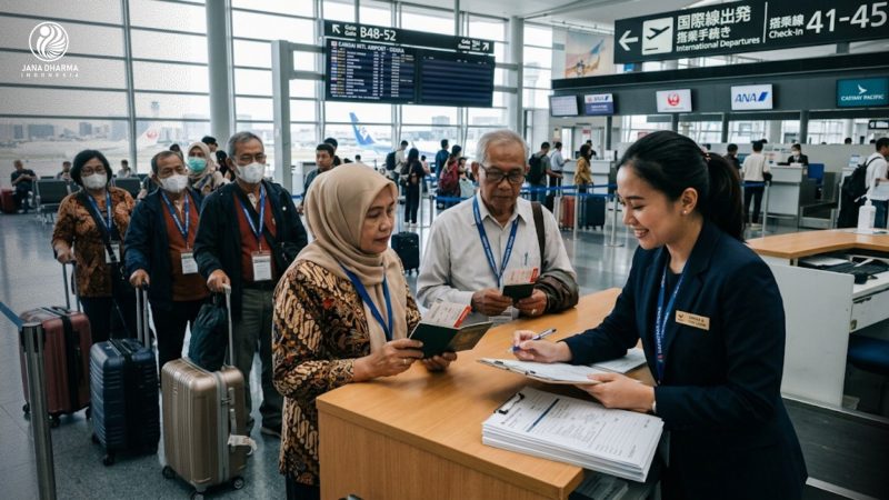 Seorang tour leader profesional sedang membantu peserta tour menangani paspor dan dokumen perjalanan di bandara luar negeri.