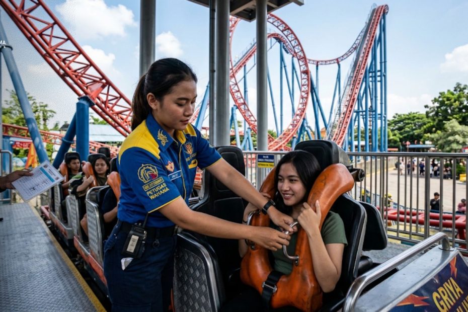 Petugas ride attendant sedang mengecek pengaman wahana rekreasi ekstrem sesuai SOP keselamatan