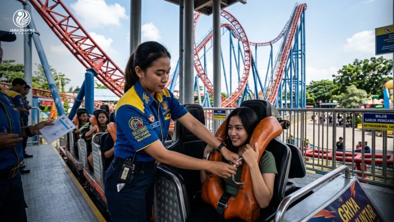 Petugas ride attendant sedang mengecek pengaman wahana rekreasi ekstrem sesuai SOP keselamatan