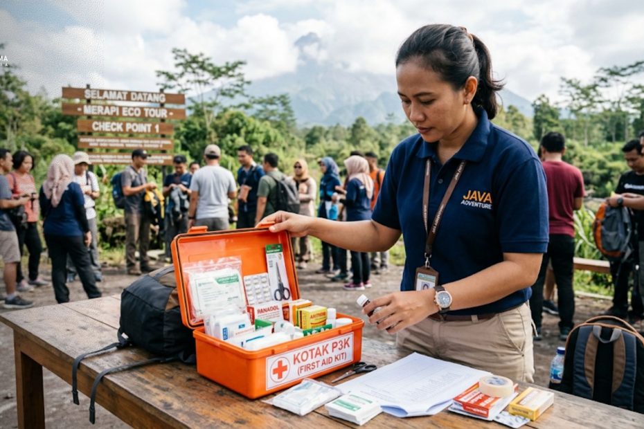 Tour leader profesional memeriksa isi kotak P3K wajib sebelum memandu rombongan wisata.