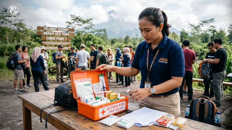 Tour leader profesional memeriksa isi kotak P3K wajib sebelum memandu rombongan wisata.
