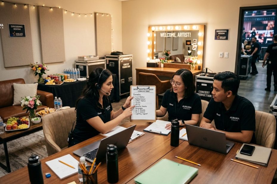Tim event organizer sedang mengecek ruang tunggu artis dan menyusun daftar contoh hospitality rider sebelum konser dimulai