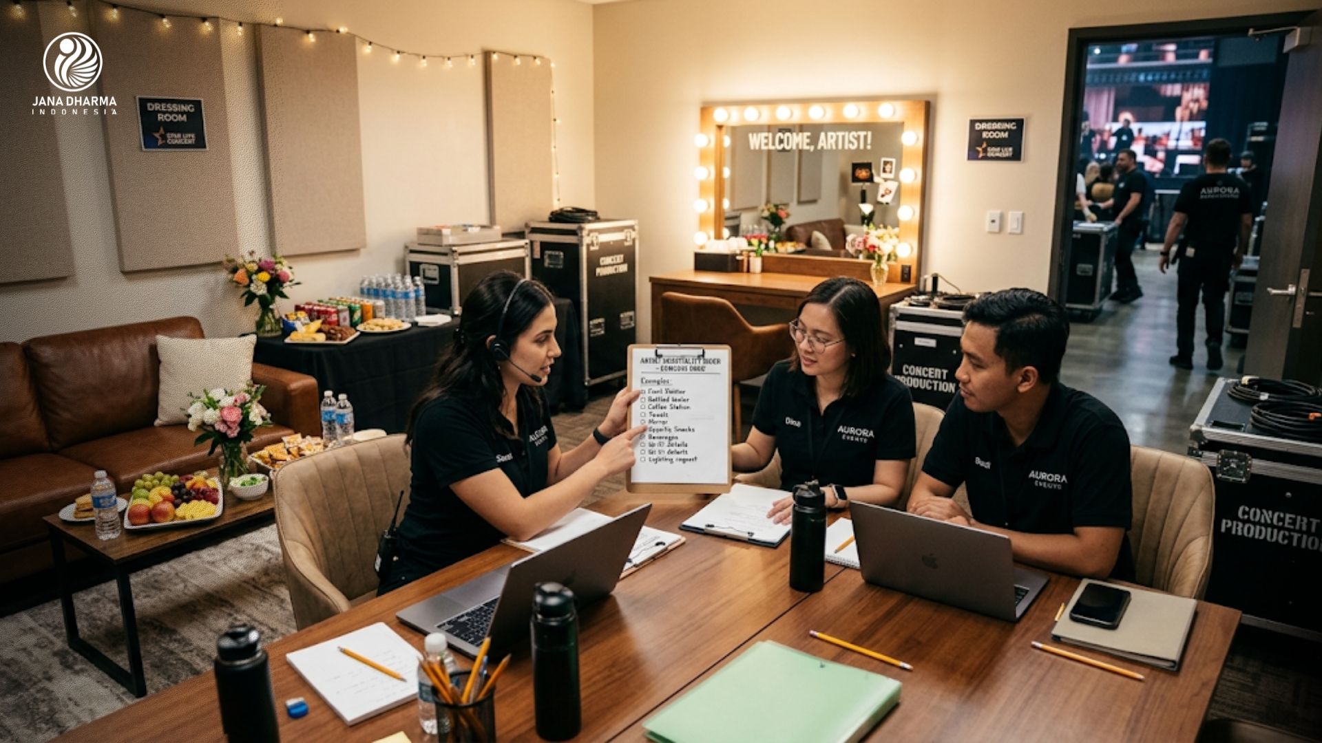 Tim event organizer sedang mengecek ruang tunggu artis dan menyusun daftar contoh hospitality rider sebelum konser dimulai