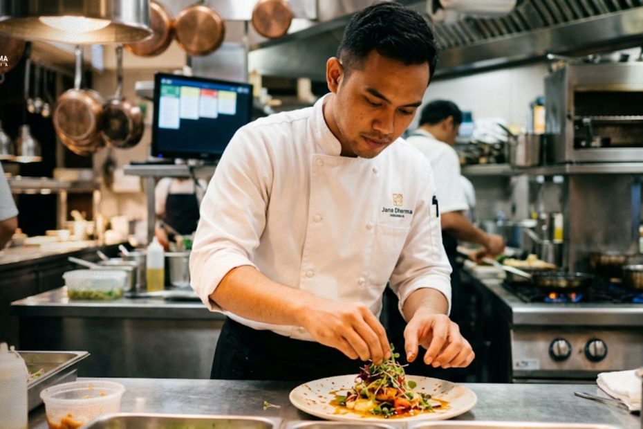 Chef de Partie profesional lagi plating hidangan kuliner dengan teliti di dapur restoran modern