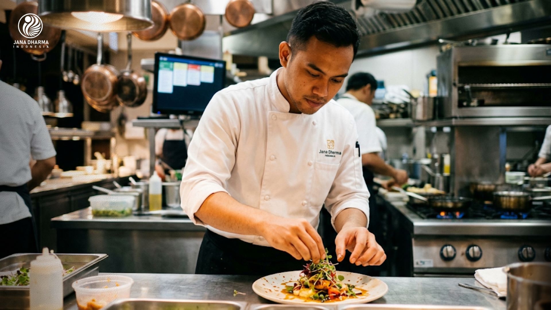 Chef de Partie profesional lagi plating hidangan kuliner dengan teliti di dapur restoran modern