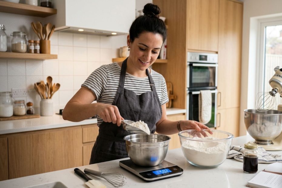 Seorang pemanggang roti sedang menimbang tepung terigu menggunakan timbangan digital di dapur modern.