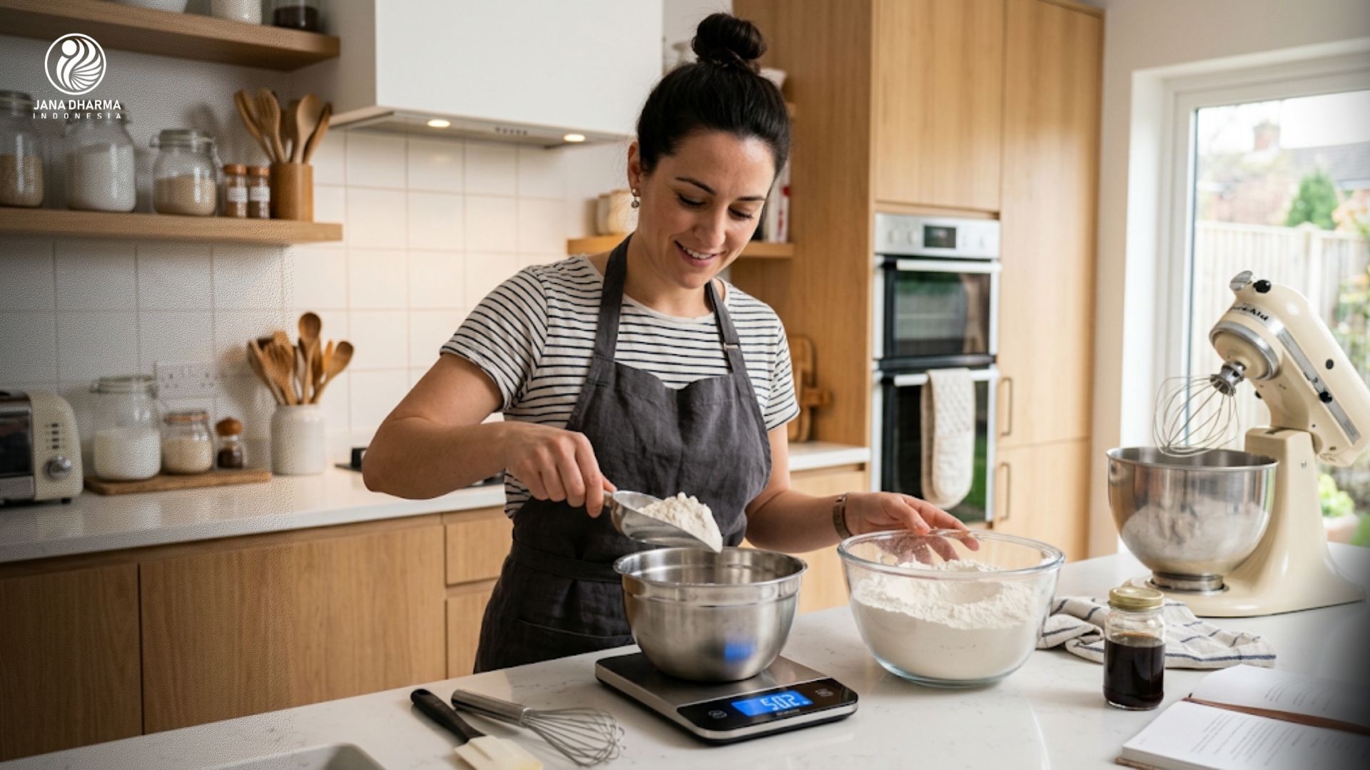 Seorang pemanggang roti sedang menimbang tepung terigu menggunakan timbangan digital di dapur modern.