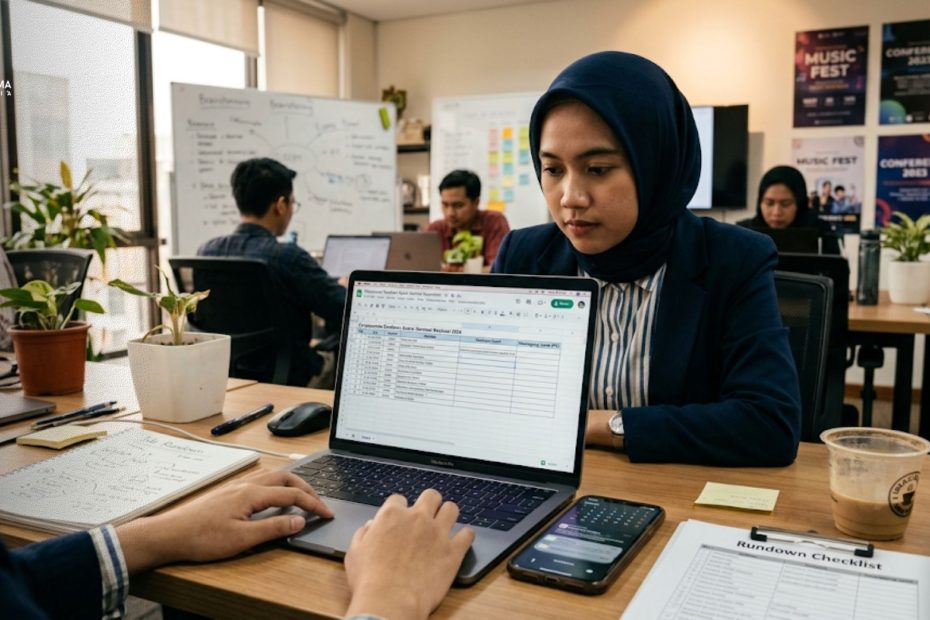 Seorang event coordinator sedang menyusun tabel cara membuat rundown acara di laptop.