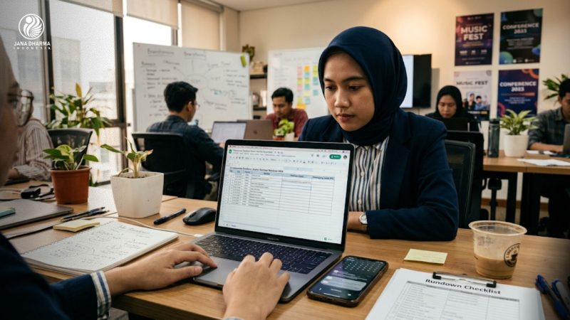 Seorang event coordinator sedang menyusun tabel cara membuat rundown acara di laptop.