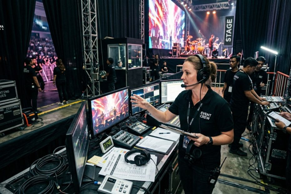 Suasana balik panggung saat stage manager sedang mengatur jalannya event saat showtime