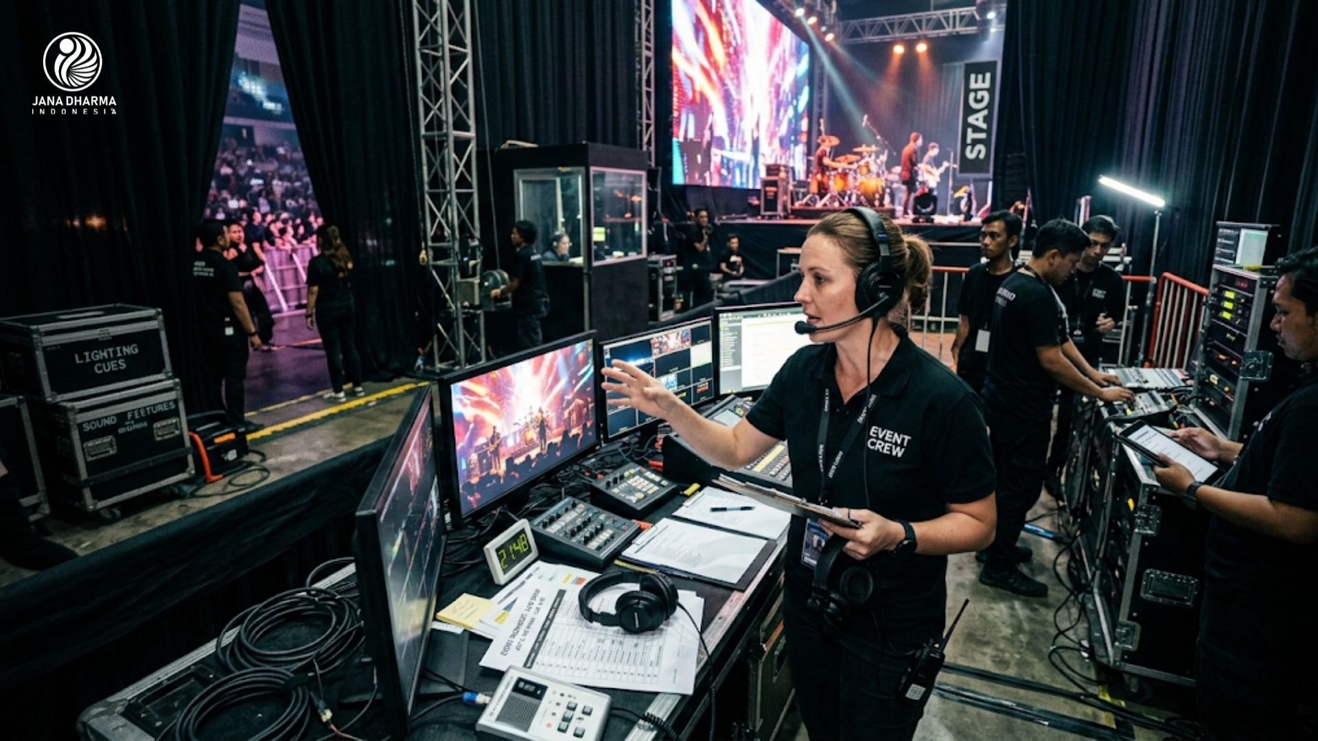 Suasana balik panggung saat stage manager sedang mengatur jalannya event saat showtime