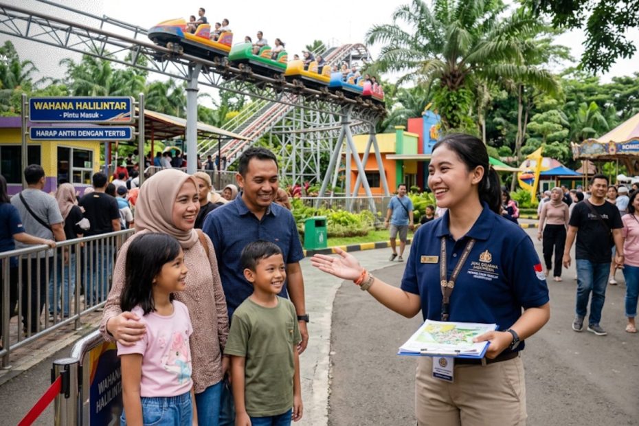 Pemandu taman rekreasi tersertifikasi Jana Dharma Indonesia sedang menyapa dan melayani pengunjung dengan ramah di area wahana permainan