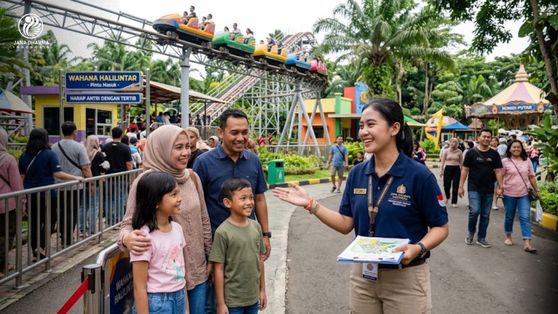 Pemandu taman rekreasi tersertifikasi Jana Dharma Indonesia sedang menyapa dan melayani pengunjung dengan ramah di area wahana permainan