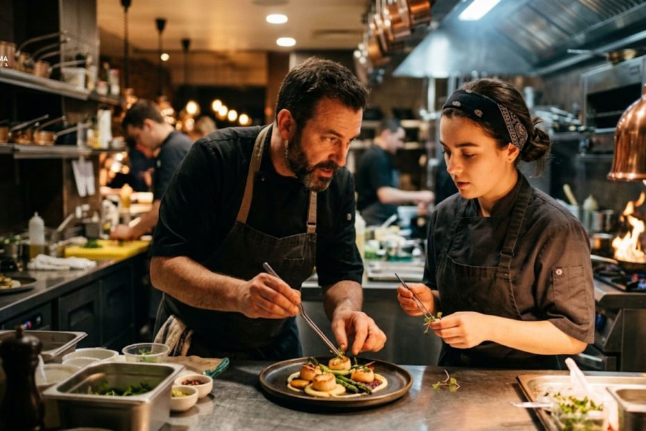 Suasana dapur restoran modern saat chef dan cook menyajikan hidangan lezat