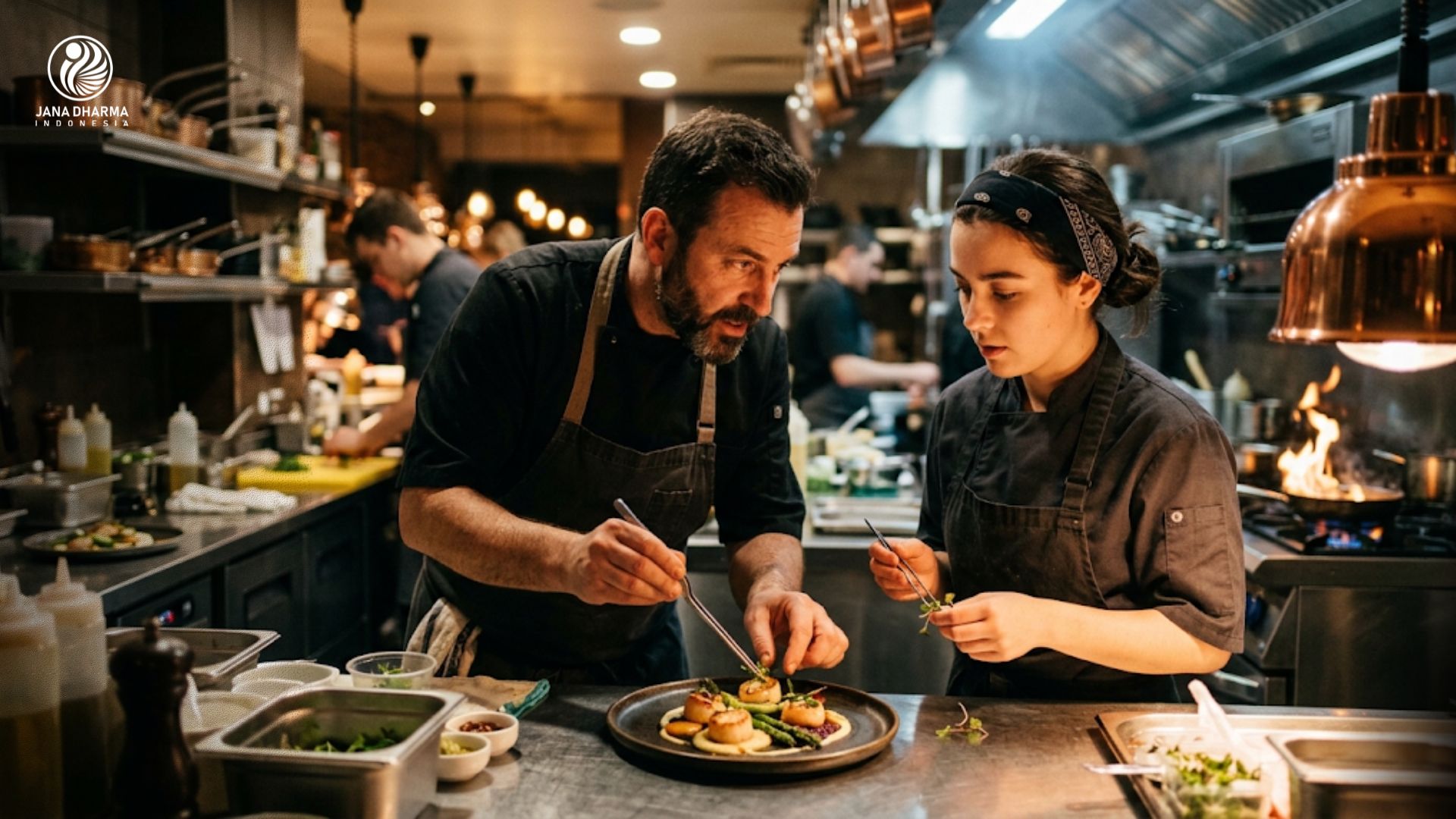 Suasana dapur restoran modern saat chef dan cook menyajikan hidangan lezat