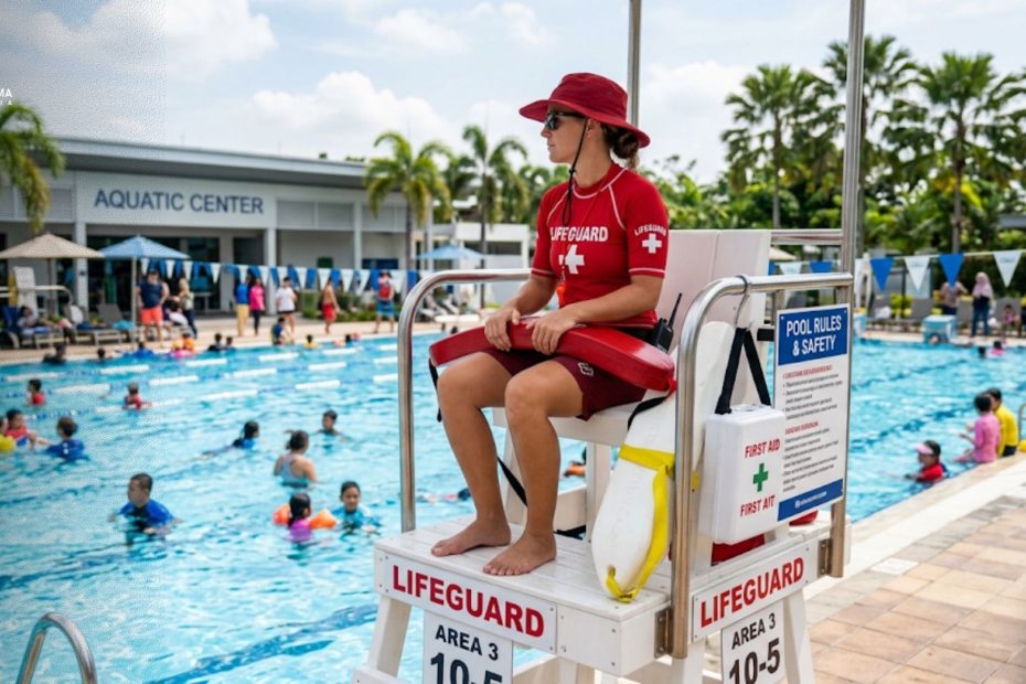Seorang lifeguard kolam renang profesional sedang memantau area akuatik dengan peralatan keselamatan lengkap.