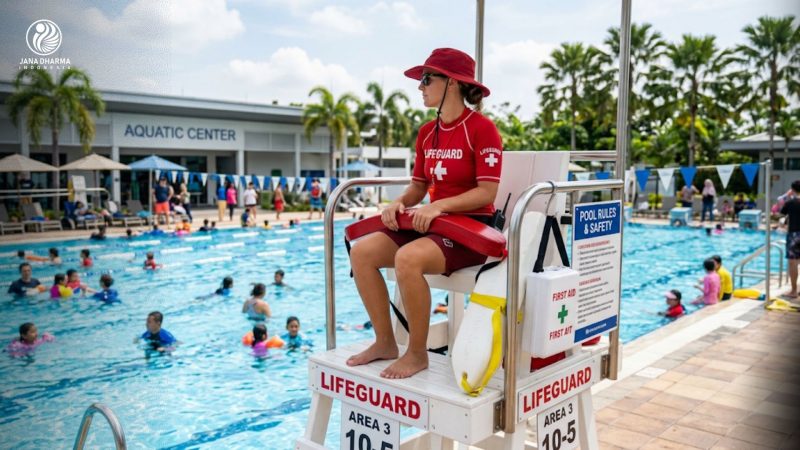 Seorang lifeguard kolam renang profesional sedang memantau area akuatik dengan peralatan keselamatan lengkap.