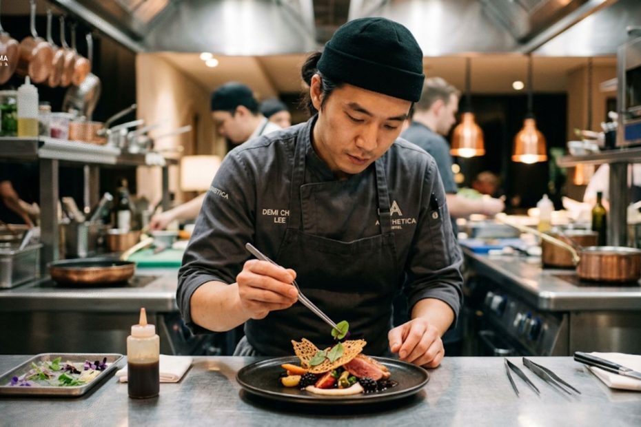 Seorang demi chef sedang mengatur piring hidangan di dapur hotel profesional.